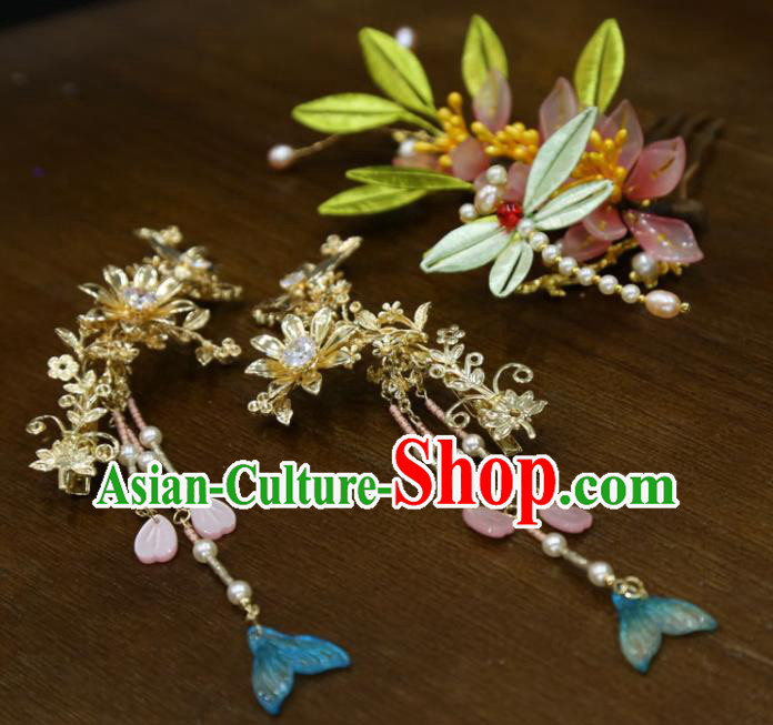 China Traditional Hanfu Tassel Hairpins Ancient Bride Silk Dragonfly Hair Comb Handmade Ming Dynasty Wedding Hair Accessories