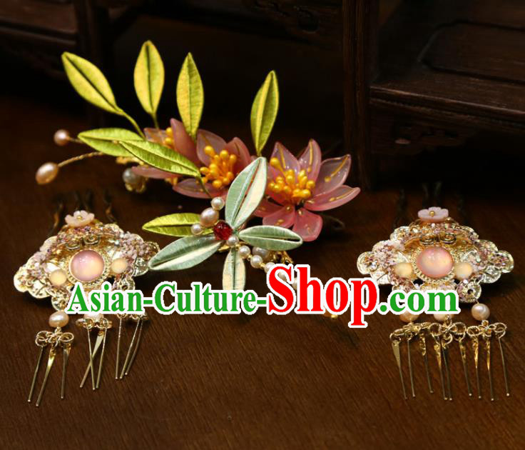 China Handmade Song Dynasty Wedding Hair Accessories Traditional Hanfu Golden Hairpins Ancient Bride Silk Dragonfly Hair Comb
