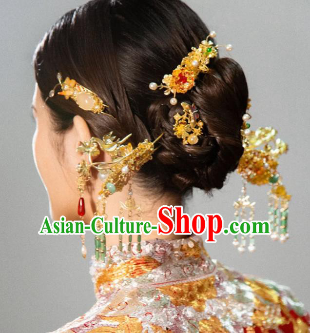 Chinese Traditional XiuHe Hair Accessories Ancient Bride Golden Dragon Hairpins Classical Jade Tassel Hair Sticks Handmade Wedding Headdress