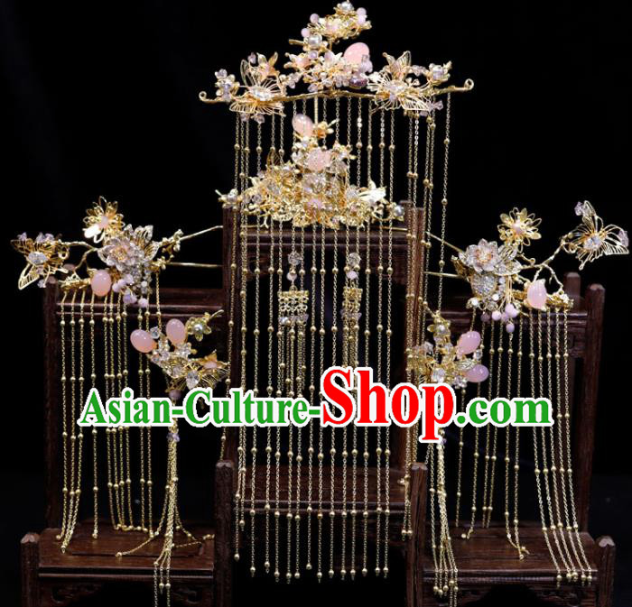 Chinese Classical Tassel Hairpins Handmade Wedding Headpieces Ming Dynasty Hair Accessories Ancient Bride Hair Crown