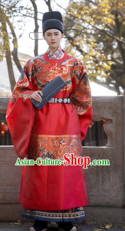 China Ancient Young Male Garment Costume Ming Dynasty Red Official Robe Traditional Wedding Historical Clothing