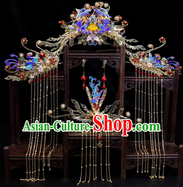 Chinese Ancient Bride Cloisonne Hair Crown Classical Tassel Hairpins Handmade Wedding Headpieces Ming Dynasty Hair Accessories