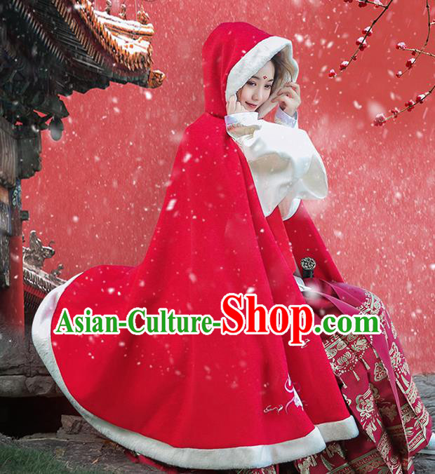 China Ming Dynasty Princess Embroidered Red Mantle Traditional Female Hanfu Historical Clothing Ancient Young Lady Woolen Cape