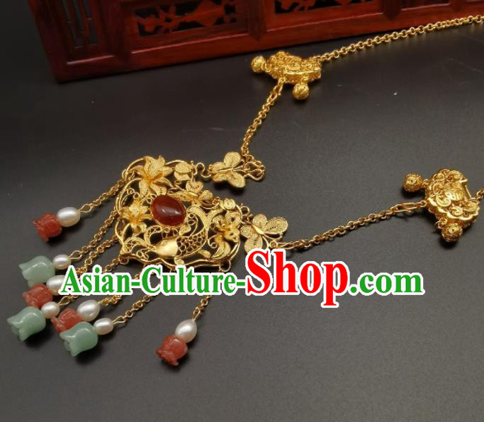 Chinese Classical Hanfu Tassel Necklet Pendant Ming Dynasty Golden Necklace Handmade Silver Longevity Lock
