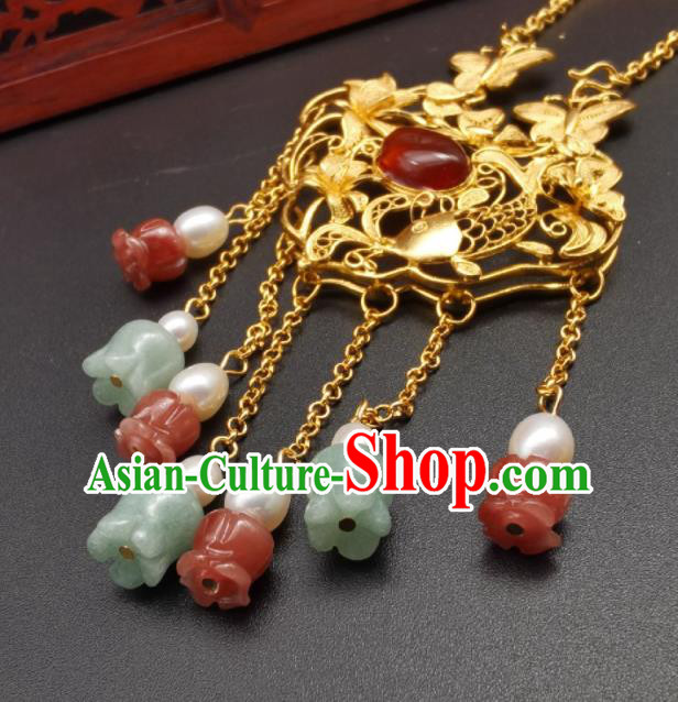 Chinese Classical Hanfu Tassel Necklet Pendant Ming Dynasty Golden Necklace Handmade Silver Longevity Lock