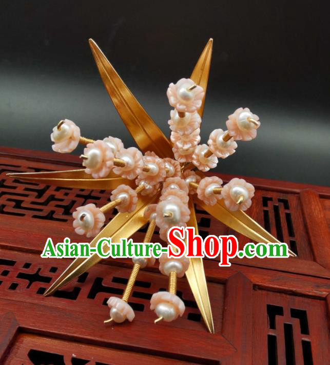 China Classical Cheongsam Headpiece Handmade Hair Accessories Traditional Hanfu Golden Bamboo Hairpin Ancient Princess Pearls Hair Stick
