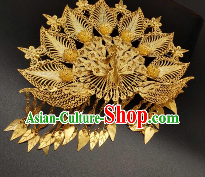 China Ancient Empress Hair Crown Classical Hanfu Headpiece Handmade Hair Accessories Traditional Gilding Silver Peacock Hairpin