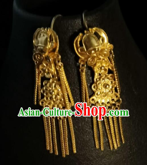 Handmade China Qing Dynasty Empress Gilding Silver Bat Ear Jewelry Wedding Earrings Classical Golden Tassel Ear Accessories