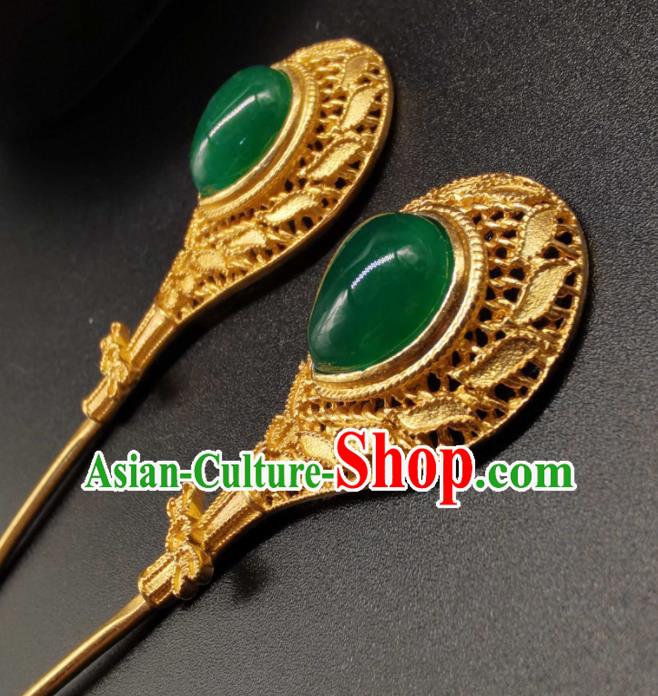 China Handmade Hair Accessories Traditional Gilding Silver Hairpin Ancient Empress Chrysoprase Hair Stick Classical Hanfu Headpiece