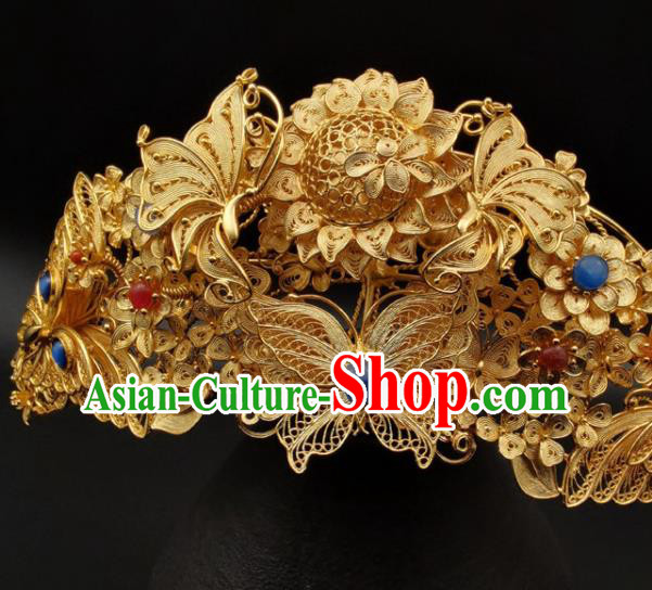 Chinese Traditional Wedding Hair Accessories Ancient Empress Phoenix Coronet Classical Gilding Butterfly Hair Crown Handmade Ming Dynasty Headpiece