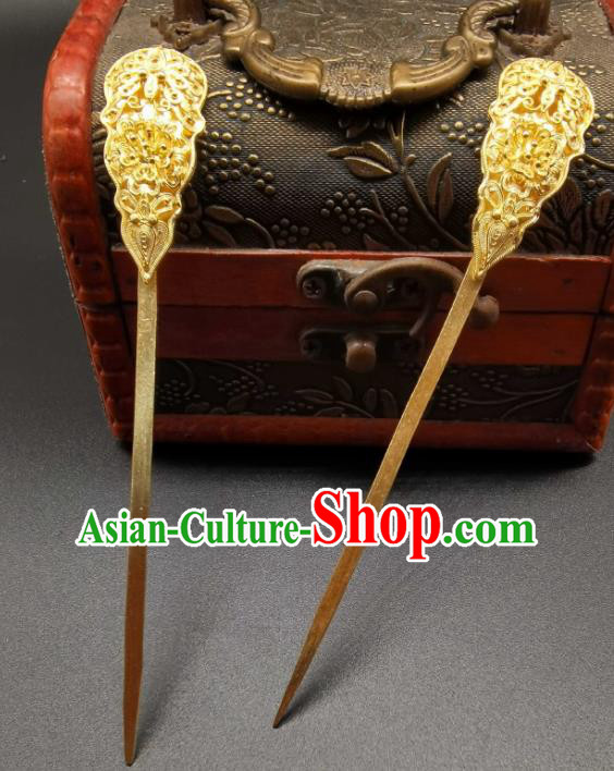 Chinese Handmade Tang Dynasty Headpiece Traditional Wedding Hair Accessories Ancient Empress Golden Hairpin Classical Gilding Hair Stick