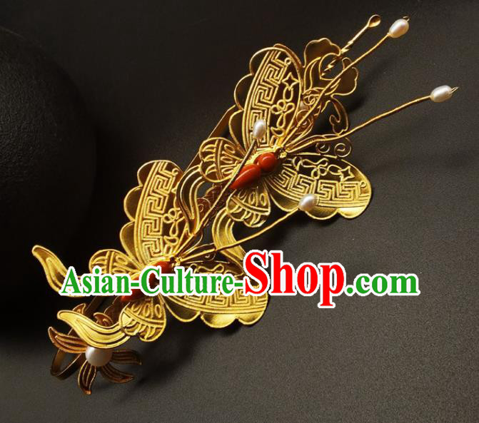 Chinese Traditional Wedding Hair Accessories Ancient Empress Agate Butterfly Hairpin Classical Gilding Hair Stick Handmade Ming Dynasty Headpiece