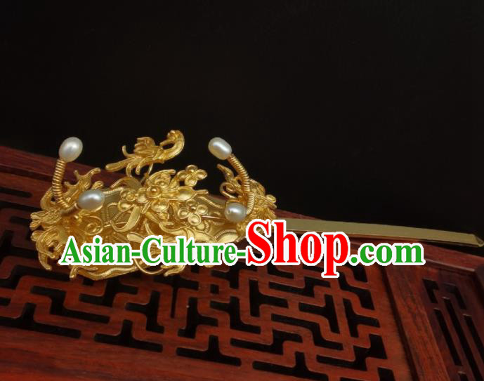 Chinese Handmade Ming Dynasty Headpiece Traditional Wedding Hair Accessories Ancient Empress Pearls Hairpin Classical Gilding Hair Stick
