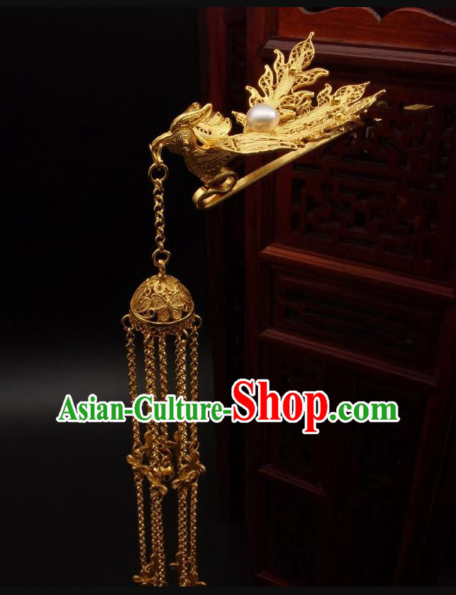 Chinese Ancient Queen Golden Phoenix Hairpin Classical Tassel Hair Stick Handmade Ming Dynasty Headpiece Traditional Wedding Hair Accessories