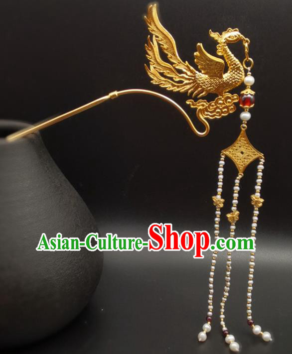 Chinese Traditional Wedding Hair Accessories Ancient Queen Golden Phoenix Hairpin Classical Pearls Tassel Hair Stick Handmade Ming Dynasty Headpiece