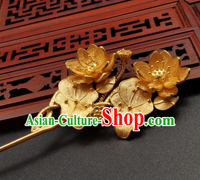 China Handmade Hair Accessories Traditional Hanfu Golden Hairpin Ancient Empress Lotus Hair Stick Classical Cheongsam Headpiece