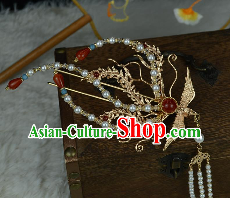 Chinese Traditional Hanfu Hair Accessories Ancient Empress Tassel Hair Stick Classical Wedding Golden Phoenix Hairpin Handmade Ming Dynasty Headpiece