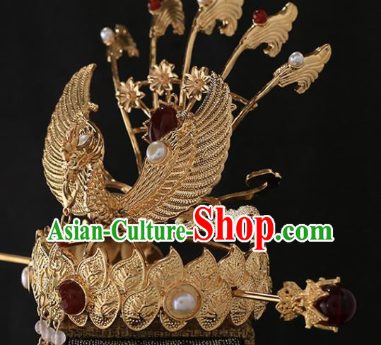 Chinese Handmade Ming Dynasty Headdress Traditional Hanfu Hair Accessories Ancient Empress Phoenix Coronet Classical Wedding Golden Hair Crown and Hairpin