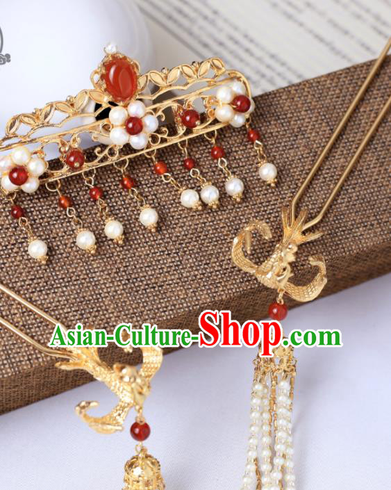 Chinese Ancient Princess Headpieces Classical Wedding Hairpins Handmade Ming Dynasty Golden Hair Sticks Traditional Hanfu Hair Accessories