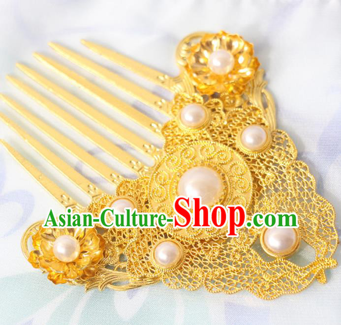 Chinese Classical Wedding Golden Hair Comb Handmade Ming Dynasty Headpiece Traditional Hanfu Hair Accessories Ancient Empress Pearls Hairpin