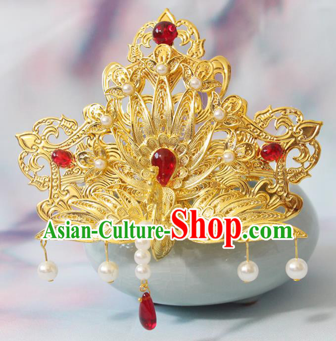 Chinese Traditional Hanfu Hair Accessories Ancient Princess Golden Phoenix Hairpin Classical Wedding Hair Crown Handmade Ming Dynasty Headpiece