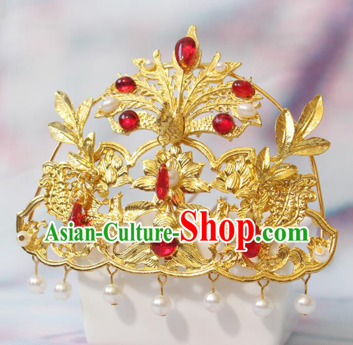 Chinese Handmade Tang Dynasty Headpiece Traditional Hanfu Hair Accessories Ancient Princess Golden Phoenix Hairpin Classical Wedding Hair Crown