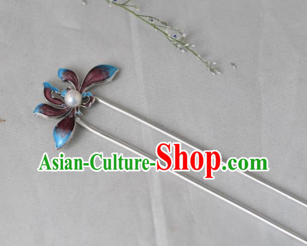 Chinese Classical Enamel Lotus Hair Stick Cheongsam Headpiece Traditional Hair Accessories Handmade Silver Hairpin