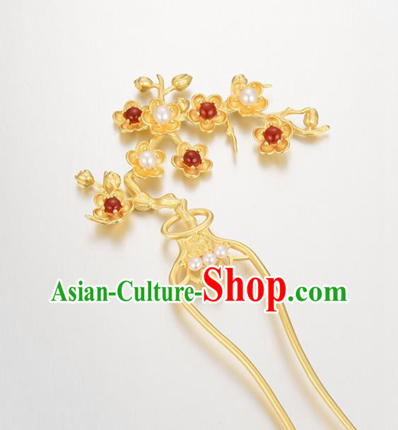 Chinese Traditional Hair Accessories Handmade Silver Plum Hairpin Classical Golden Hair Comb Cheongsam Headpiece