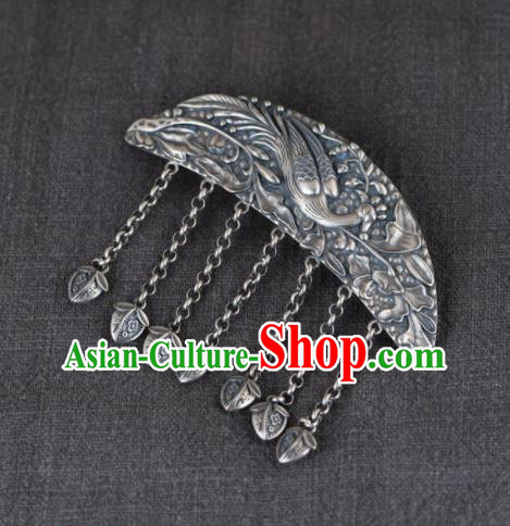Chinese Cheongsam Headpiece Traditional Hair Accessories Handmade Carving Peacock Hairpin Classical Silver Tassel Hair Claw