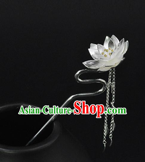 Chinese Classical Carving Lotus Hair Stick Cheongsam Headpiece Traditional Hair Accessories Handmade Silver Tassel Hairpin