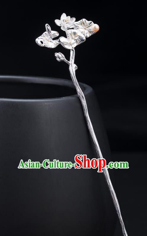 Chinese Handmade Silver Lotus Hairpin Classical Pearl Hair Stick Cheongsam Headpiece Traditional Hair Accessories