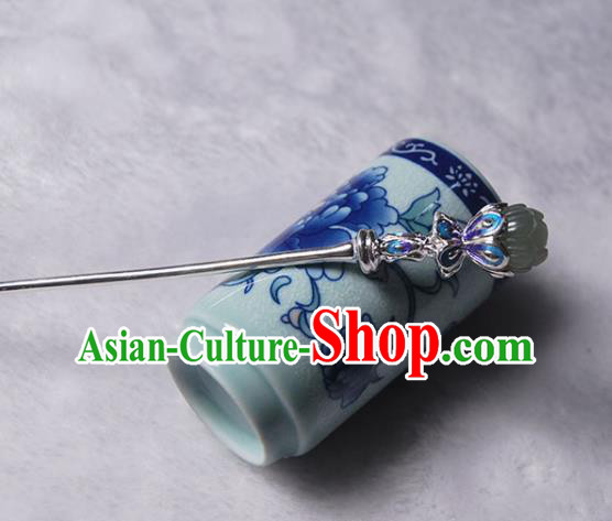 Chinese Cheongsam Headpiece Traditional Hair Accessories Handmade Jade Lotus Hairpin Classical Cloisonne Silver Hair Stick