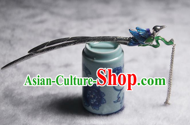 Chinese Handmade Cloisonne Silver Hairpin Traditional Hair Accessories Classical Jade Tassel Hair Stick Cheongsam Headpiece