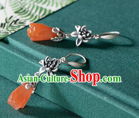 Handmade China Cheongsam Ear Jewelry Wedding Agate Mangnolia Earrings Classical Silver Ear Accessories