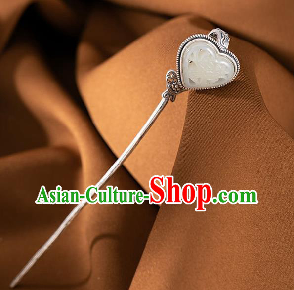 Chinese Cheongsam Headpiece Handmade Silver Hairpin Traditional Hair Accessories Classical Hetian Jade Hair Stick