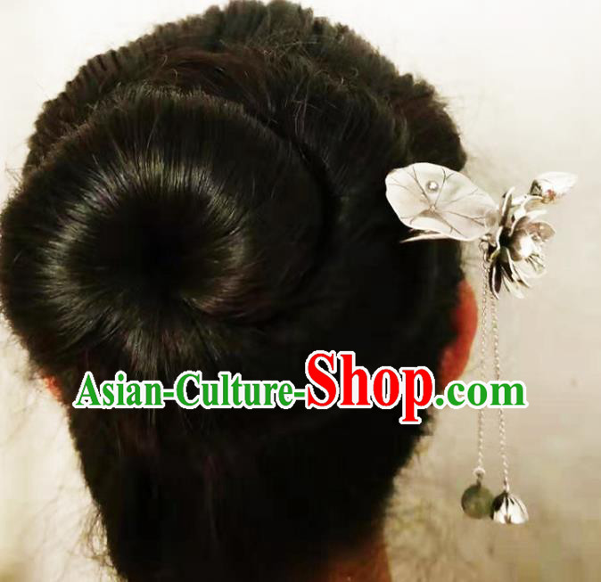 Chinese Classical Silver Lotus Tassel Hair Stick Cheongsam Headpiece Handmade Hairpin Traditional Hair Accessories