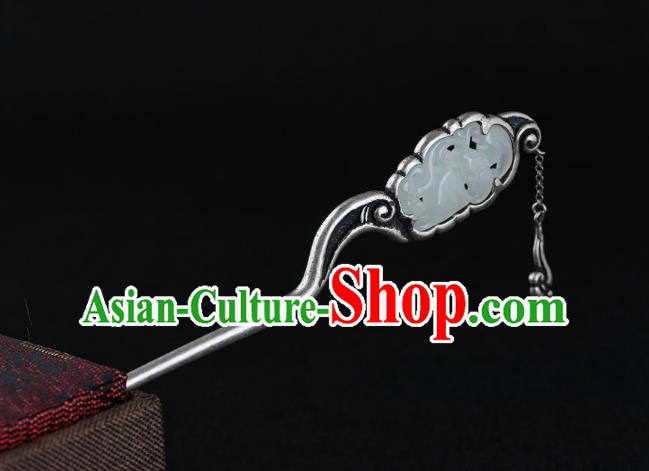 Chinese Classical Silver Tassel Hair Stick Cheongsam Headpiece Handmade Hetian Jade Hairpin Traditional Hair Accessories