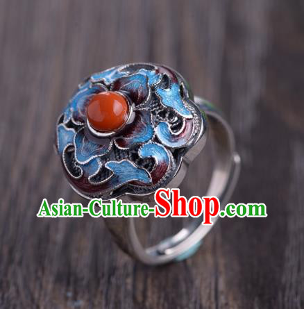Chinese Handmade Cloisonne Ring Classical Silver Jewelry Accessories Cheongsam Agate Finger Circlet