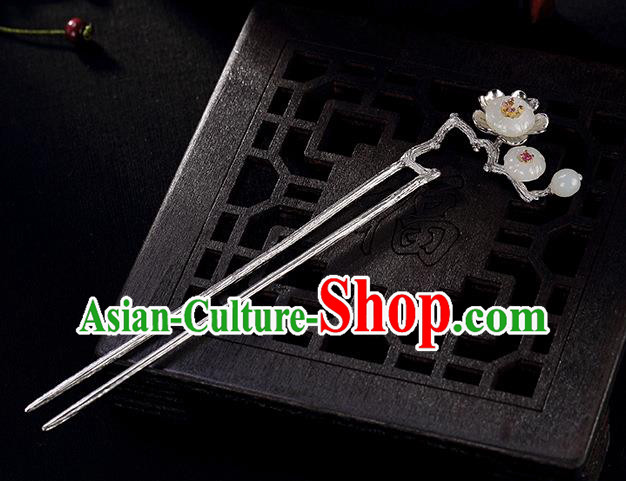 Chinese Cheongsam Accessories Headpiece Handmade Silver Hairpin Traditional Hair Jewelry Classical Jade Plum Hair Stick