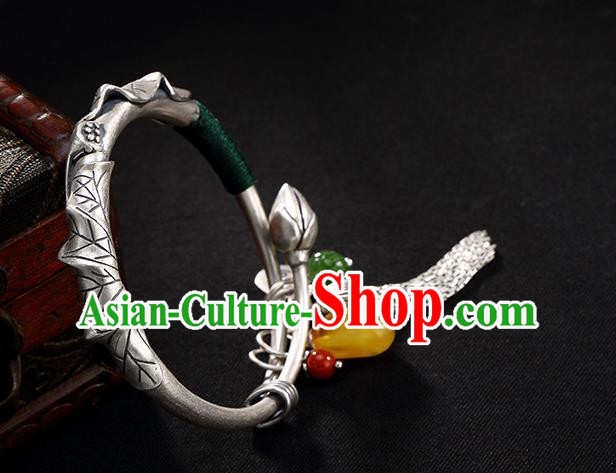 Chinese Cheongsam Wristlet Accessories Handmade Carving Lotus Bracelet Classical Silver Bangle Jewelry