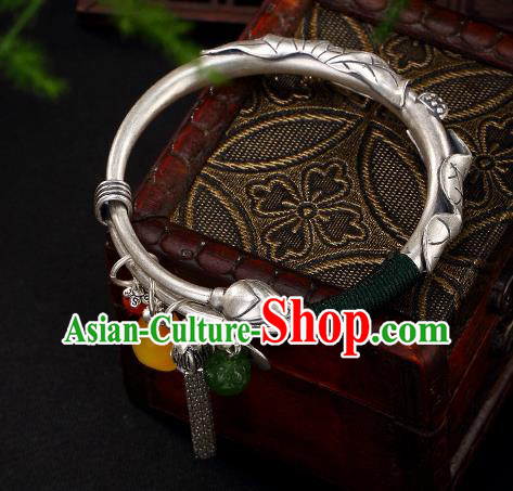 Chinese Cheongsam Wristlet Accessories Handmade Carving Lotus Bracelet Classical Silver Bangle Jewelry