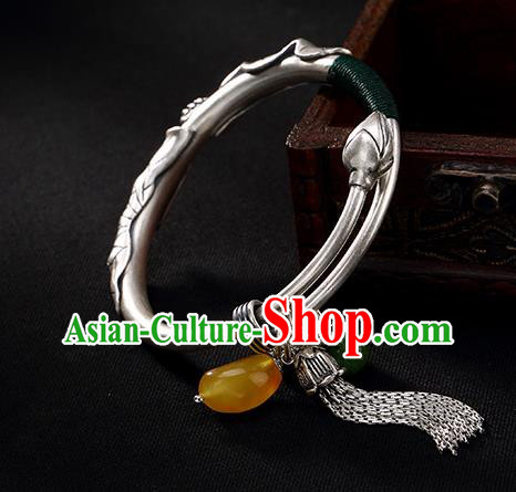 Chinese Cheongsam Wristlet Accessories Handmade Carving Lotus Bracelet Classical Silver Bangle Jewelry