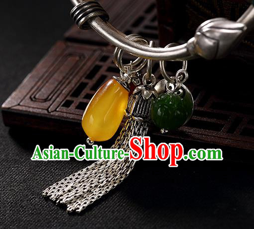 Chinese Cheongsam Wristlet Accessories Handmade Carving Lotus Bracelet Classical Silver Bangle Jewelry