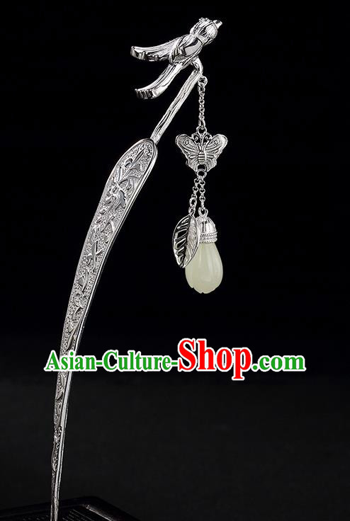 Chinese Traditional Hair Jewelry Classical Jade Mangnolia Tassel Hair Stick Cheongsam Accessories Headpiece Handmade Silver Hairpin