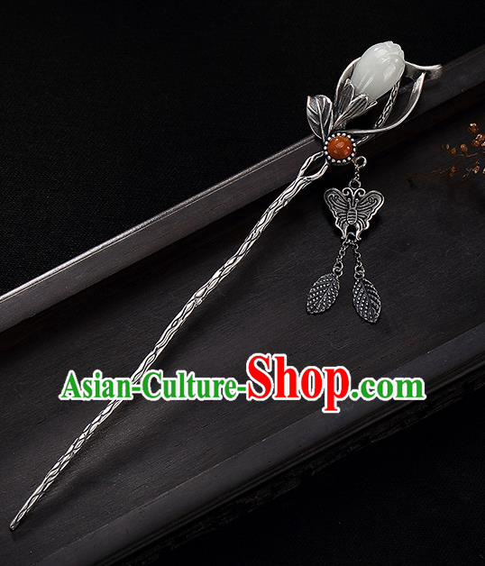Chinese Handmade Silver Butterfly Tassel Hairpin Traditional Hair Jewelry Classical Jade Mangnolia Hair Stick Cheongsam Accessories Headpiece