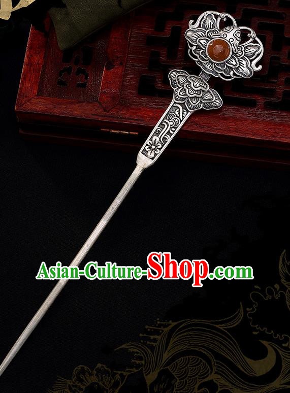 Chinese Cheongsam Accessories Headpiece Handmade Silver Carving Peony Hairpin Traditional Hair Jewelry Classical Agate Hair Stick