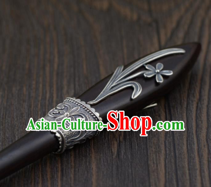 Chinese Handmade Silver Orchids Hairpin Traditional Hair Jewelry Classical Ebony Hair Stick Cheongsam Accessories Headpiece