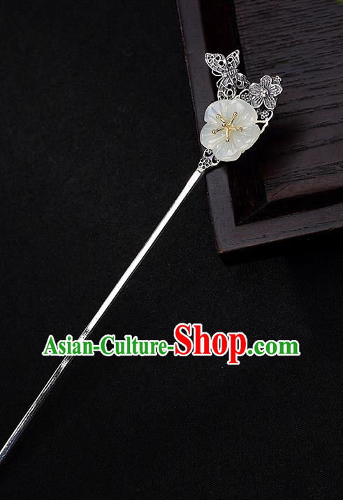 Chinese Handmade Hetian Jade Plum Hairpin Traditional Hair Jewelry Classical Silver Hair Stick Cheongsam Accessories Headpiece