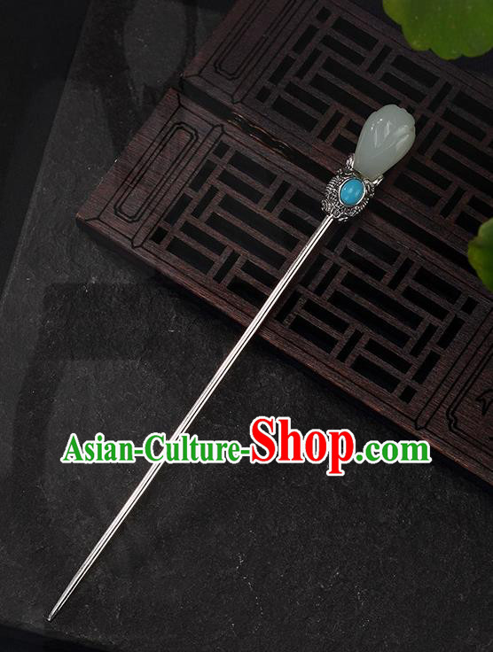 Chinese Cheongsam Accessories Headpiece Handmade Hetian Jade Mangnolia Hairpin Traditional Hair Jewelry Classical Silver Hair Stick