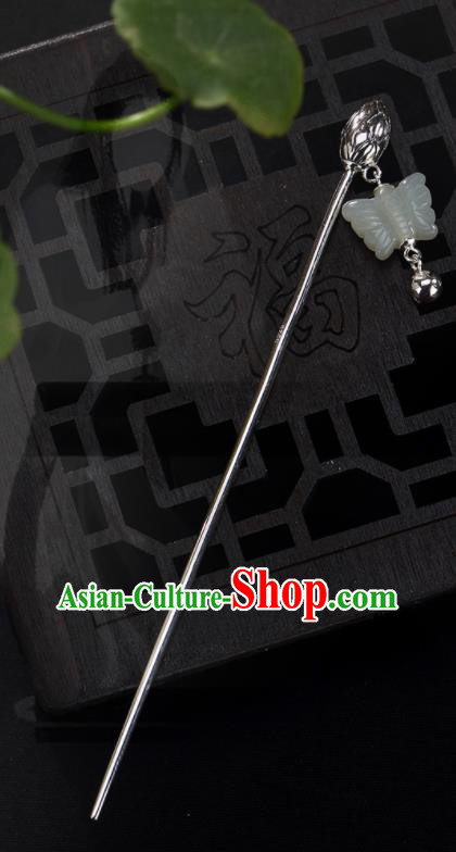Chinese Traditional Hair Jewelry Classical Silver Lotus Hair Stick Cheongsam Accessories Headpiece Handmade Hetian Jade Butterfly Hairpin